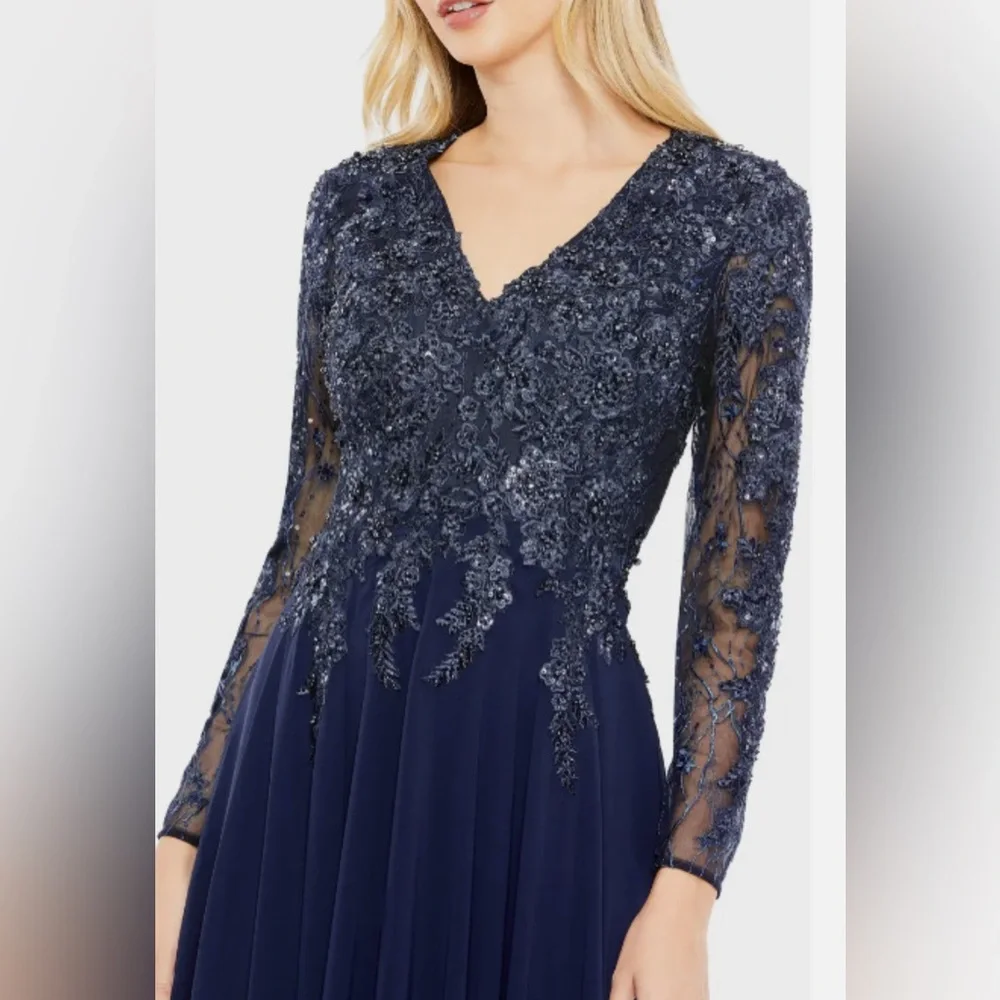 NWT Mac Duggal High Neck Mesh Long Sleeve Embellished A Line Gown 20388 Size 8